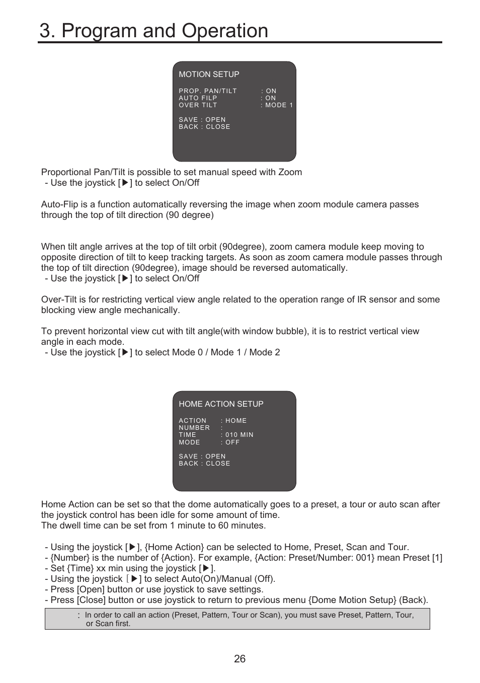 Program and operation, 2 motion setup, 3 home action setup | KT&C KPT-SPDN300NUCH User Manual | Page 26 / 36