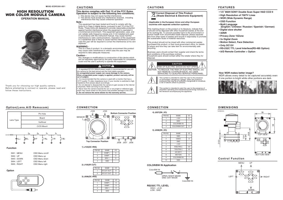 High resolution wdr color module camera | KT&C ACE-EDR380NU User Manual | Page 6 / 8