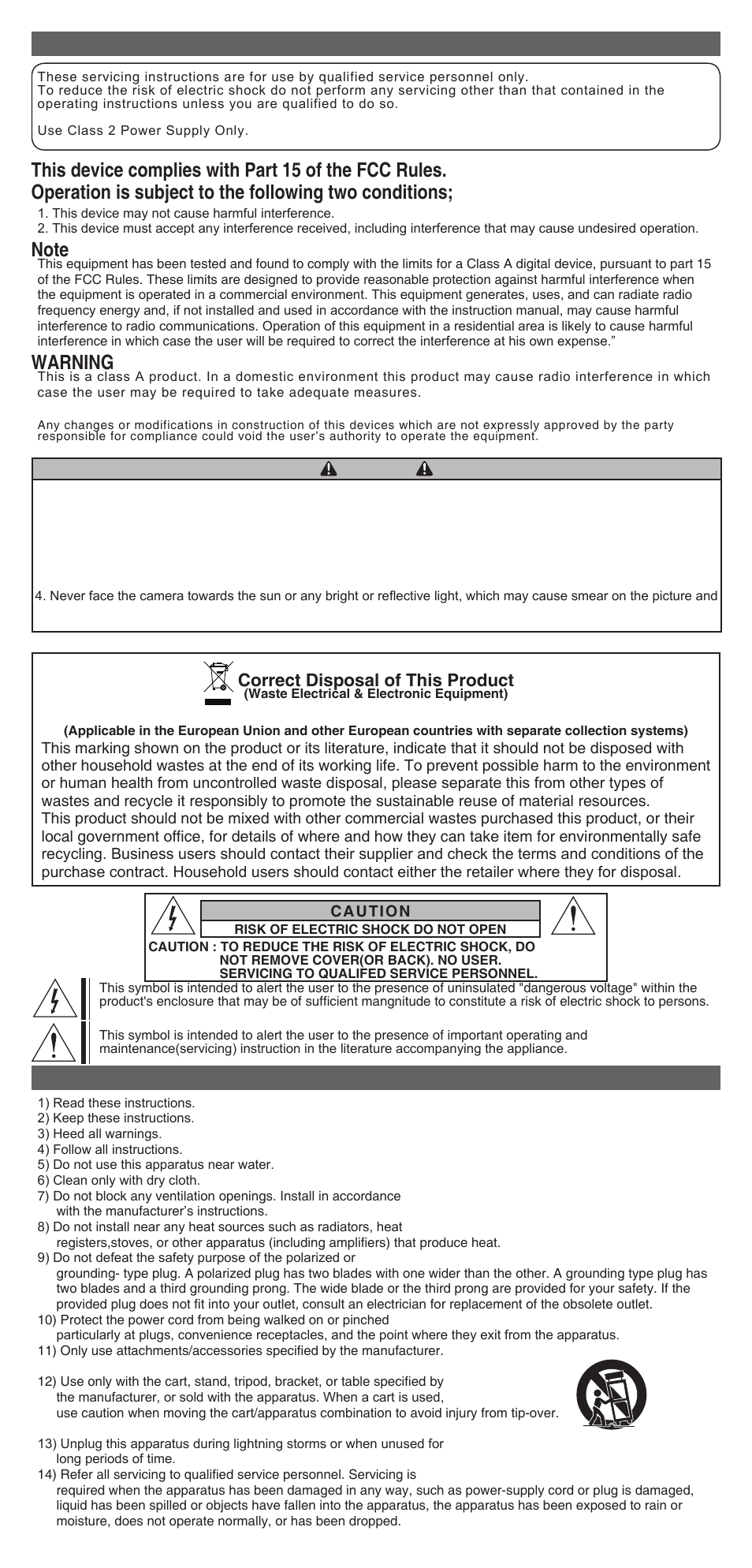 Warning, Caution, Caution important safety instruction | Correct disposal of this product | KT&C KPC-E190NU User Manual | Page 2 / 2