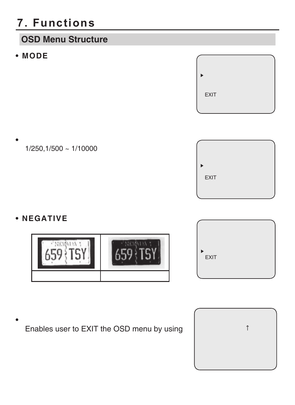 Functions, Osd menu structure, Mode | Negative | KT&C KPC-LP751NU User Manual | Page 11 / 17