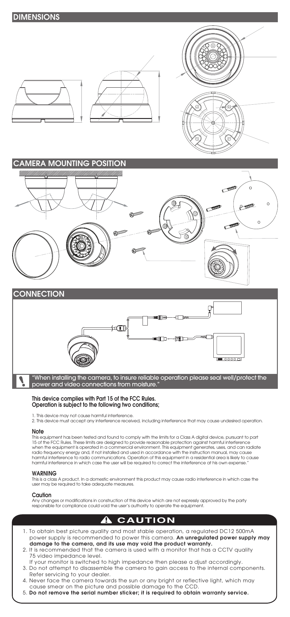 Kpc-nd521n-manual_02, Dimensions connection camera mounting position, Warning | Caution | KT&C KPC-ND521NU User Manual | Page 2 / 2