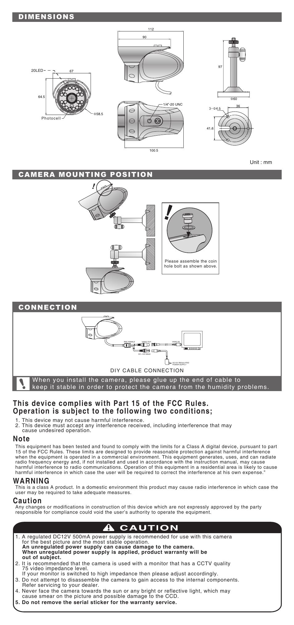 Warning, Caution, Dimensions connection camera mounting position | KT&C KPC-NSP301NU User Manual | Page 2 / 2