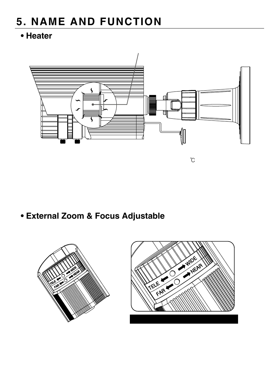 Name and function, Heater • external zoom & focus adjustable | KT&C KPC-N751NU User Manual | Page 9 / 28