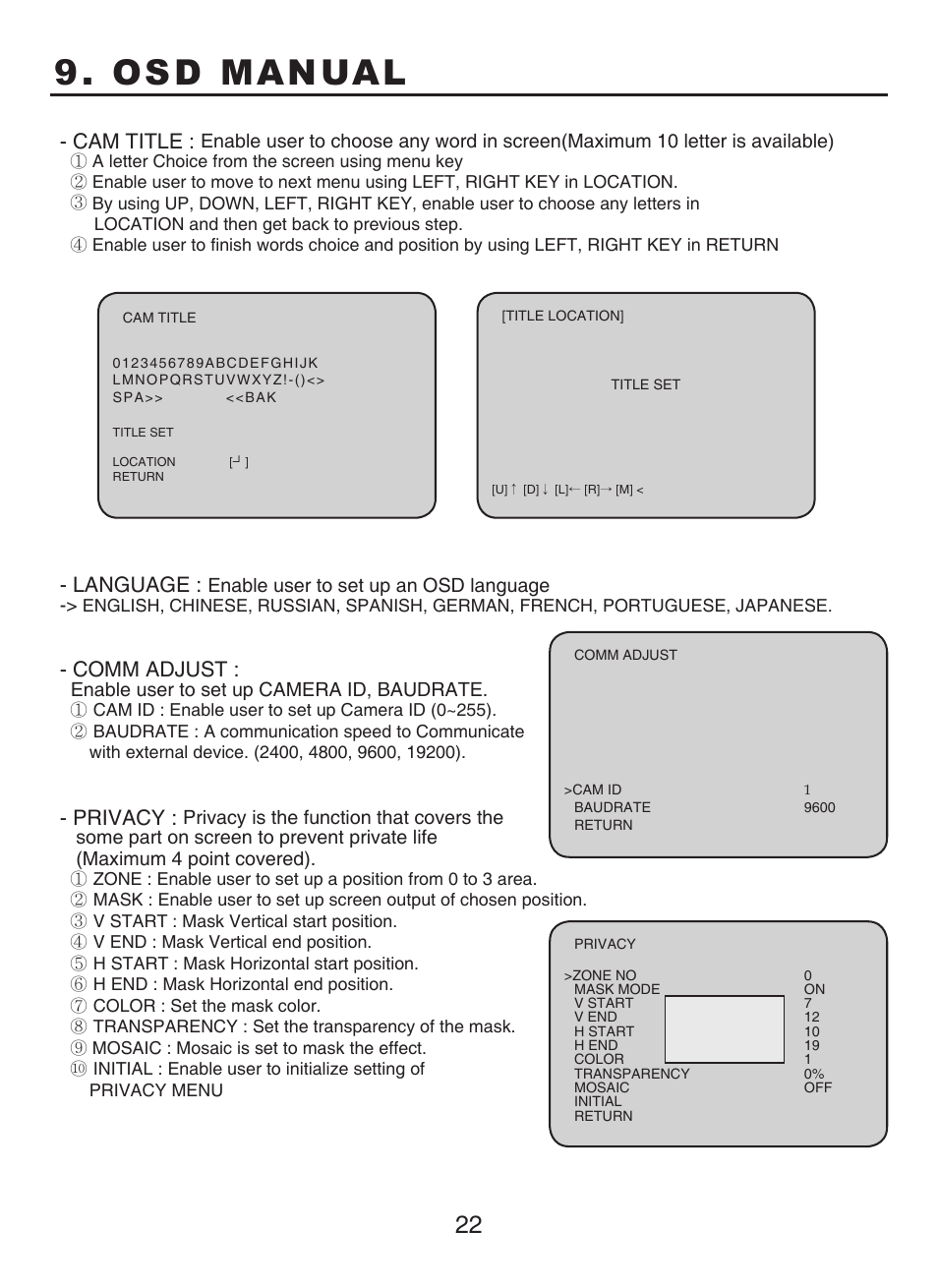Osd manual, Cam title, Language | Comm adjust, Privacy | KT&C KPC-N701NU8 User Manual | Page 23 / 49