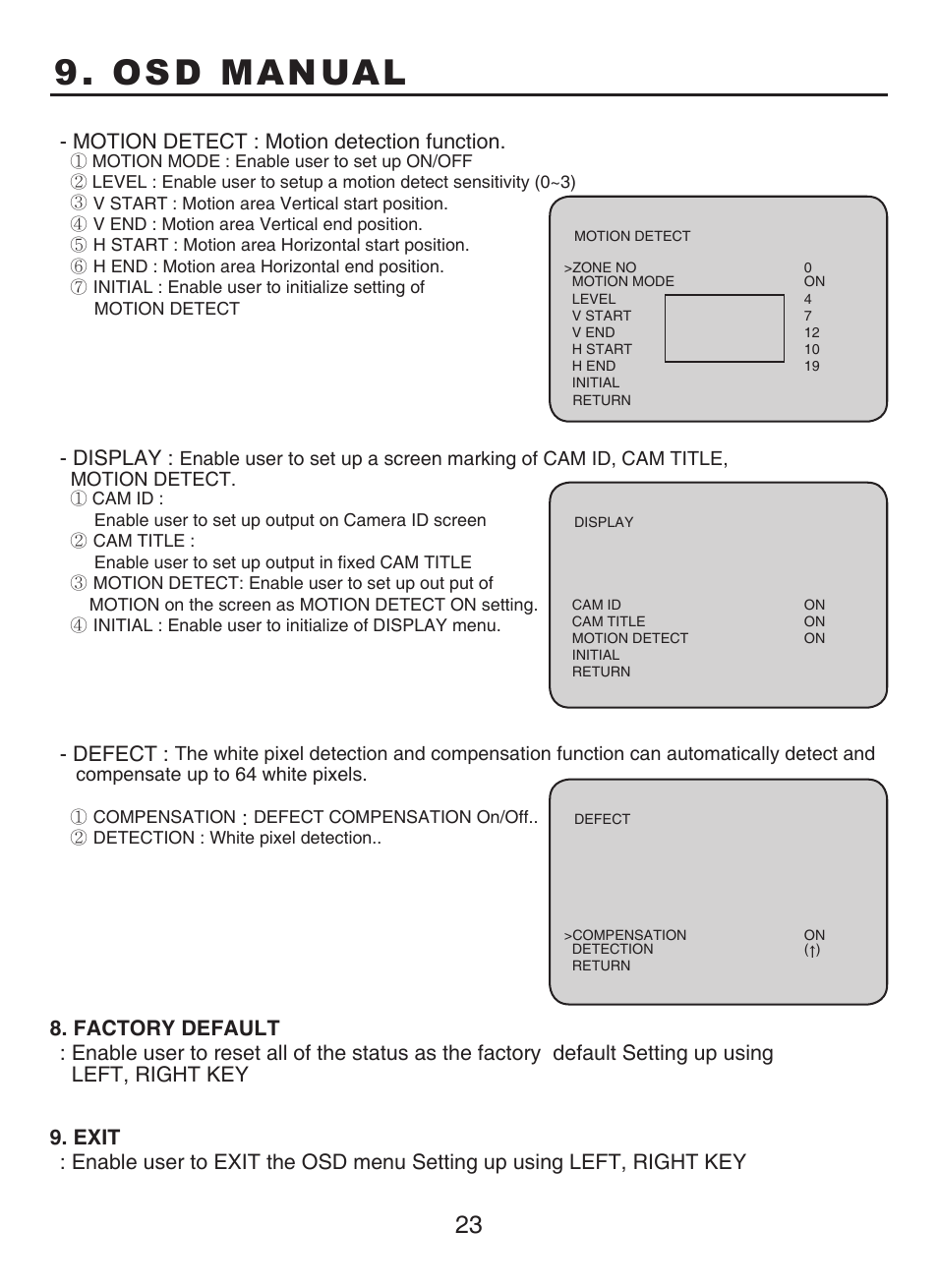 Osd manual, Motion detect : motion detection function, Display | Defect | KT&C KPC-N701NU8 User Manual | Page 24 / 49