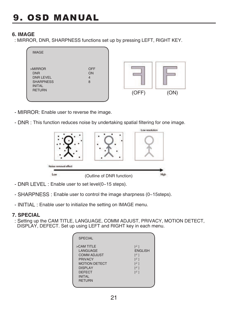 Osd manual, Image, Mirror | Dnr level, Sharpness, Initial, Special : s, Off) (on) | KT&C KPC-N701NU8 User Manual | Page 46 / 49