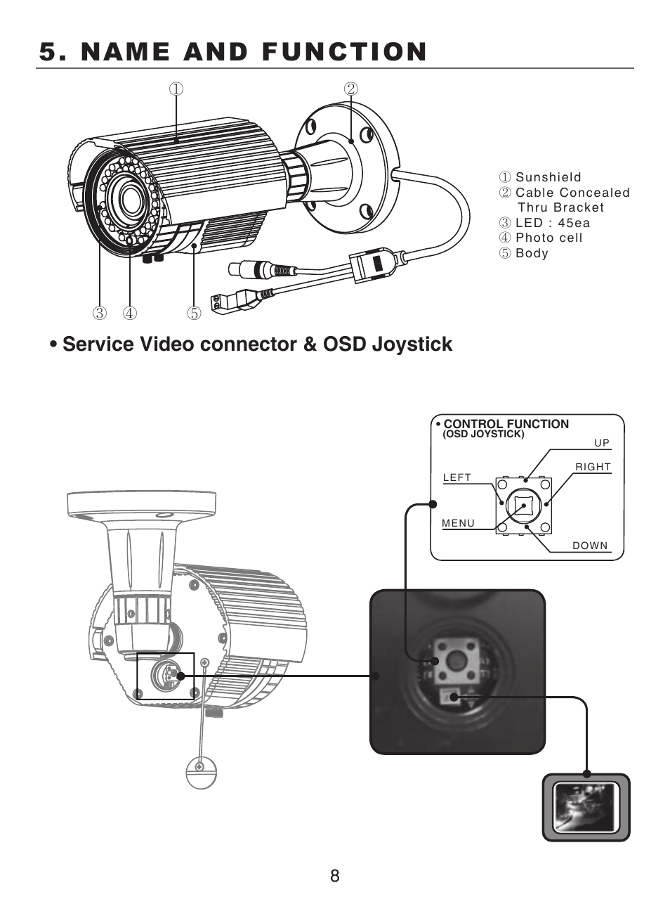 Name and function, Service video connector & osd joystick | KT&C KPC-N701NU8 User Manual | Page 9 / 49