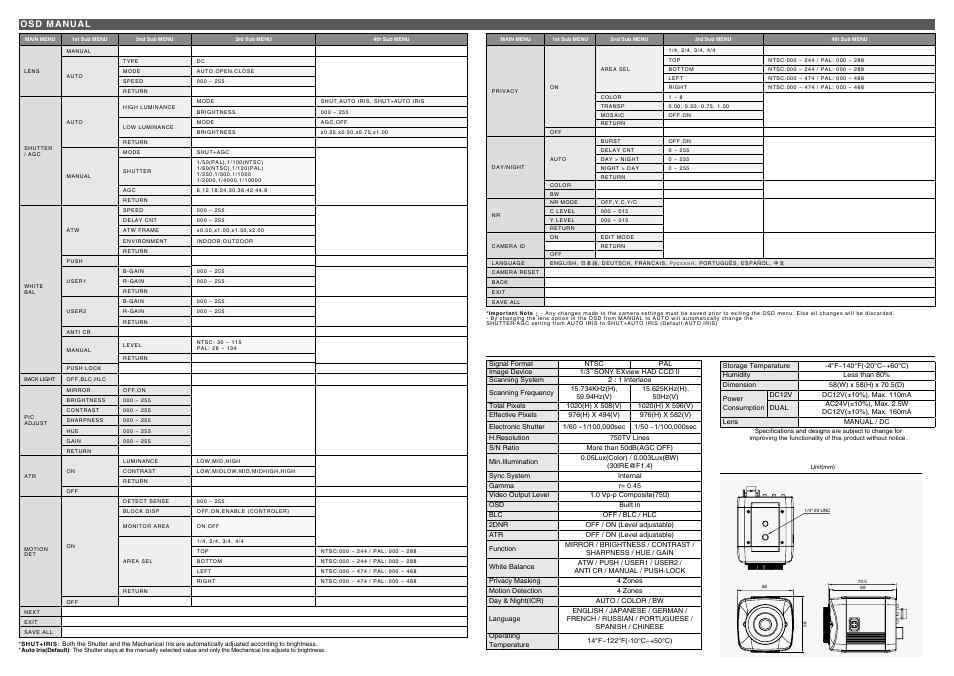 Specification dimensions, Osd manual | KT&C KPC-DN6360 User Manual | Page 2 / 2