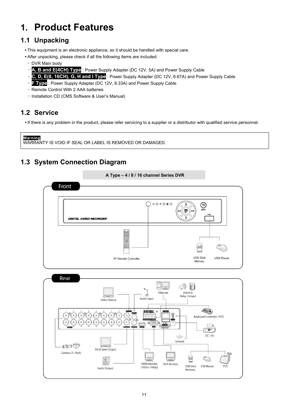 Product features, 1 unpacking, 2 service | 3 system connection diagram | KT&C KVR-0412H User Manual | Page 11 / 219