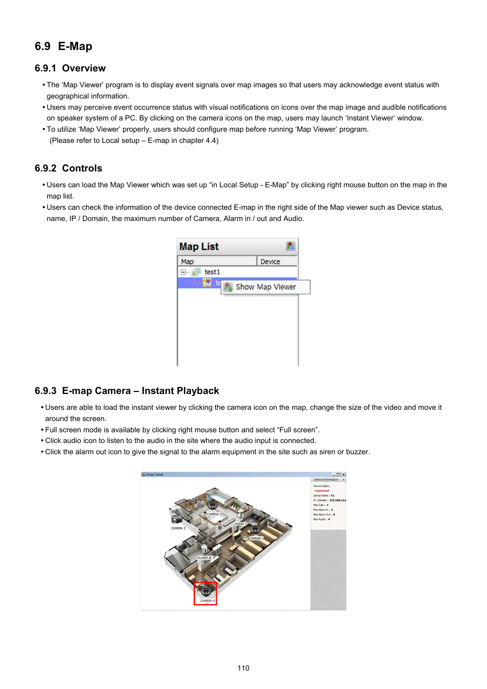 9 e-map, 1 overview, 2 controls | 3 e-map camera – instant playback | KT&C KVR-0412H User Manual | Page 110 / 219