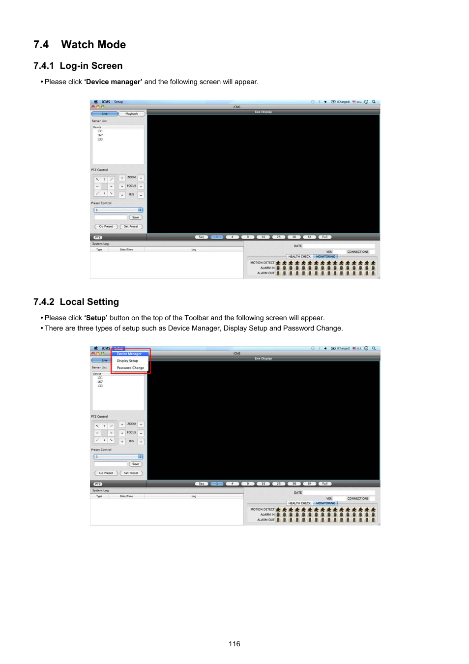 4 watch mode, 1 log-in screen, 2 local setting | KT&C KVR-0412H User Manual | Page 116 / 219
