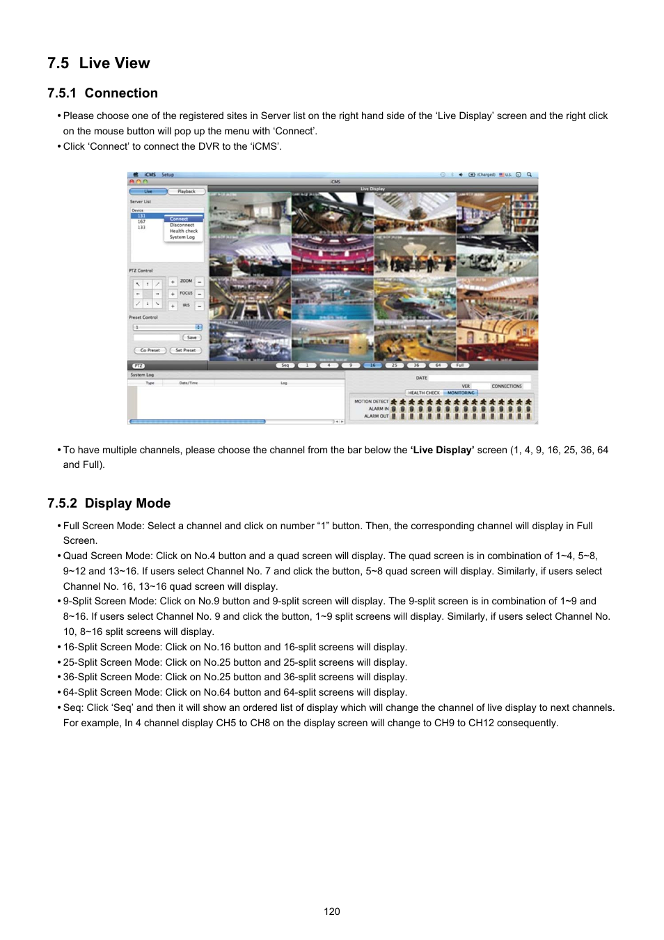5 live view, 1 connection, 2 display mode | KT&C KVR-0412H User Manual | Page 120 / 219