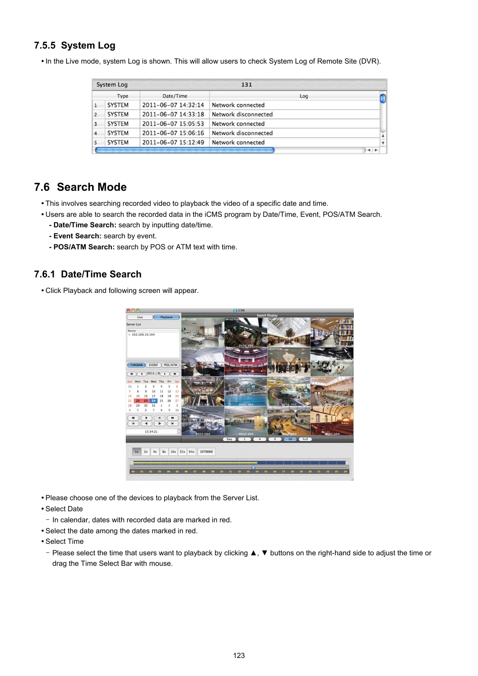 6 search mode, 5 system log, 1 date/time search | KT&C KVR-0412H User Manual | Page 123 / 219