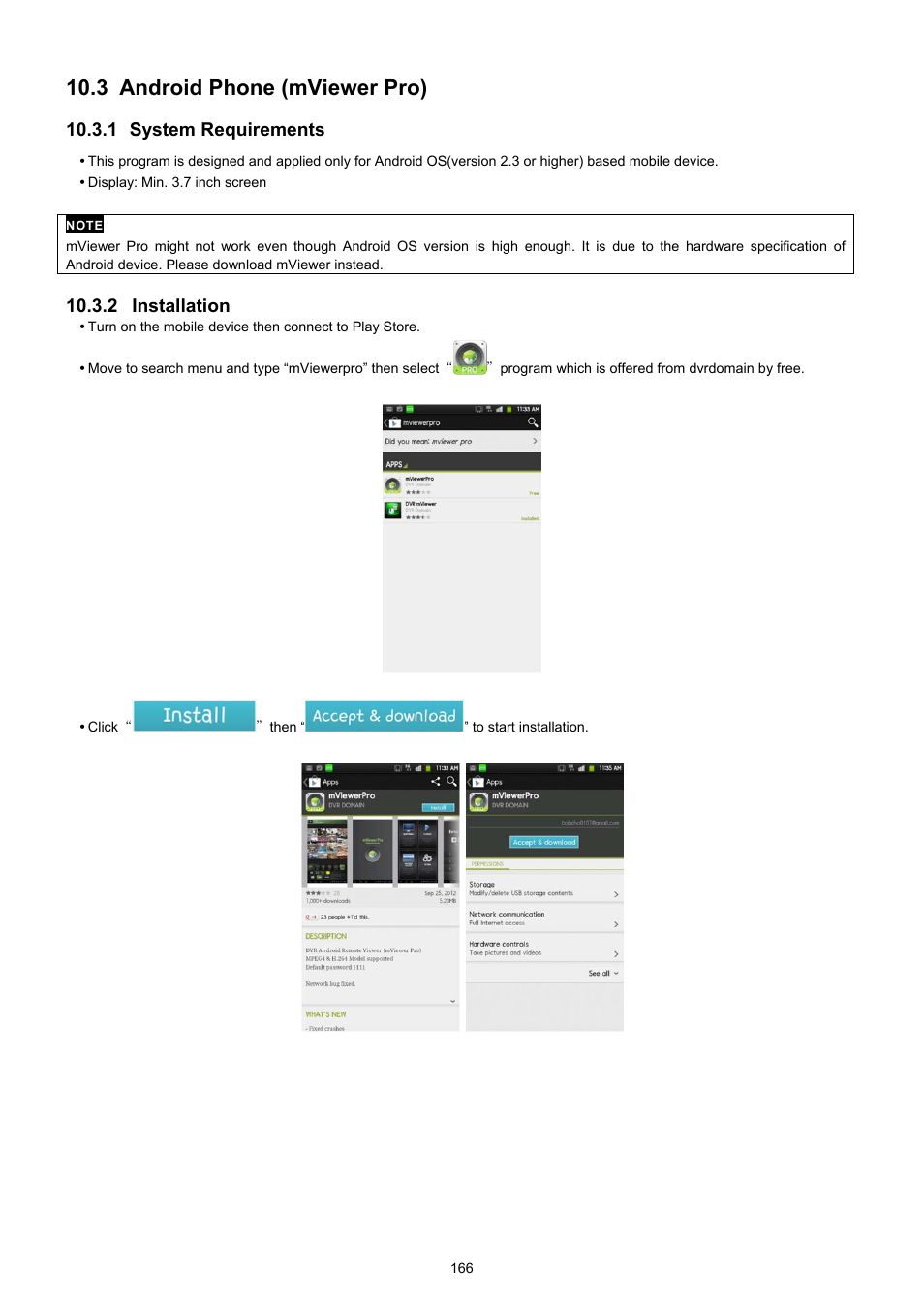 3 android phone (mviewer pro), 1 system requirements, 2 installation | KT&C KVR-0412H User Manual | Page 166 / 219
