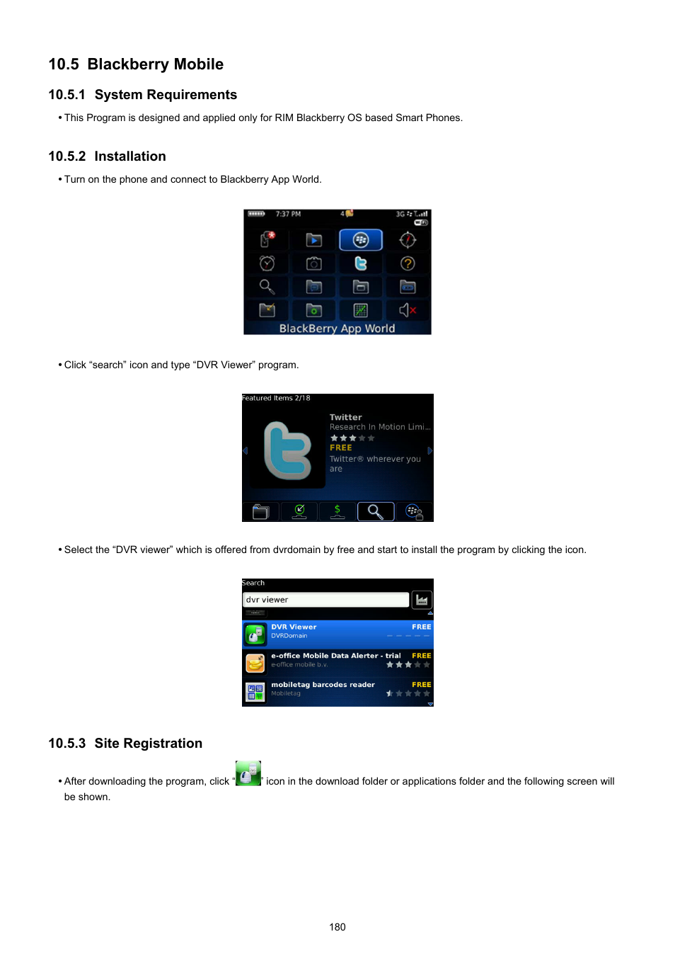 5 blackberry mobile, 1 system requirements, 2 installation | 3 site registration | KT&C KVR-0412H User Manual | Page 180 / 219