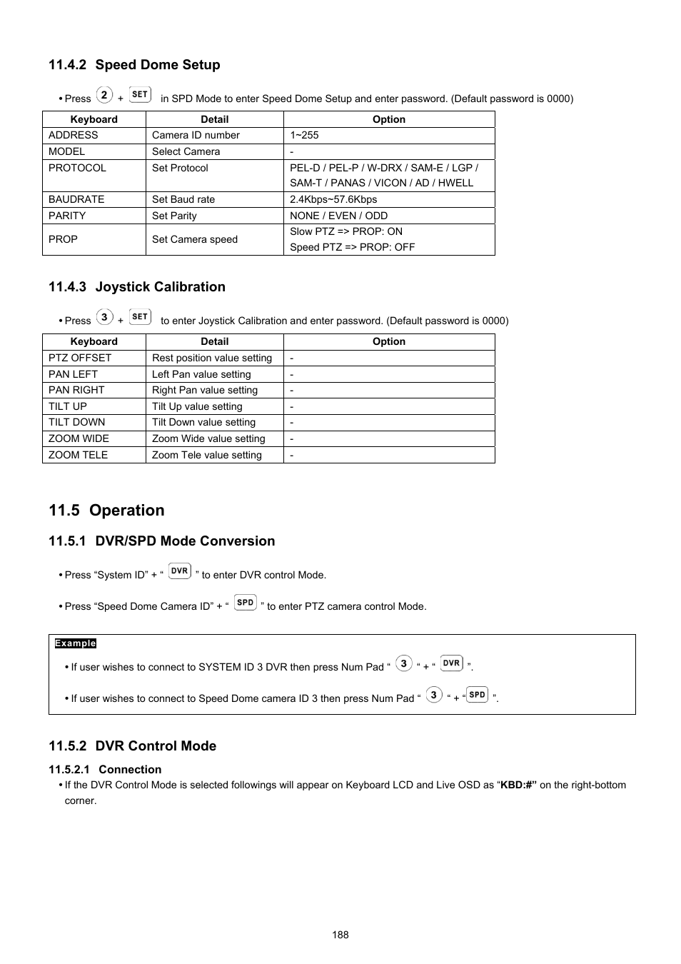 5 operation, 2 speed dome setup, 3 joystick calibration | 1 dvr/spd mode conversion, 2 dvr control mode | KT&C KVR-0412H User Manual | Page 188 / 219