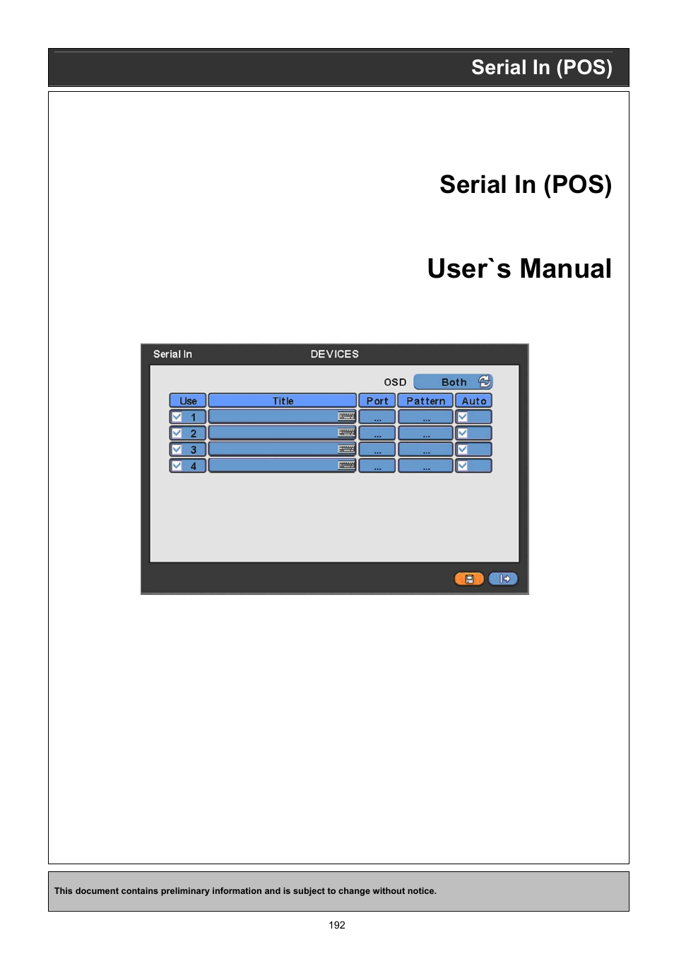 User`s manual, Serial in (pos) | KT&C KVR-0412H User Manual | Page 192 / 219