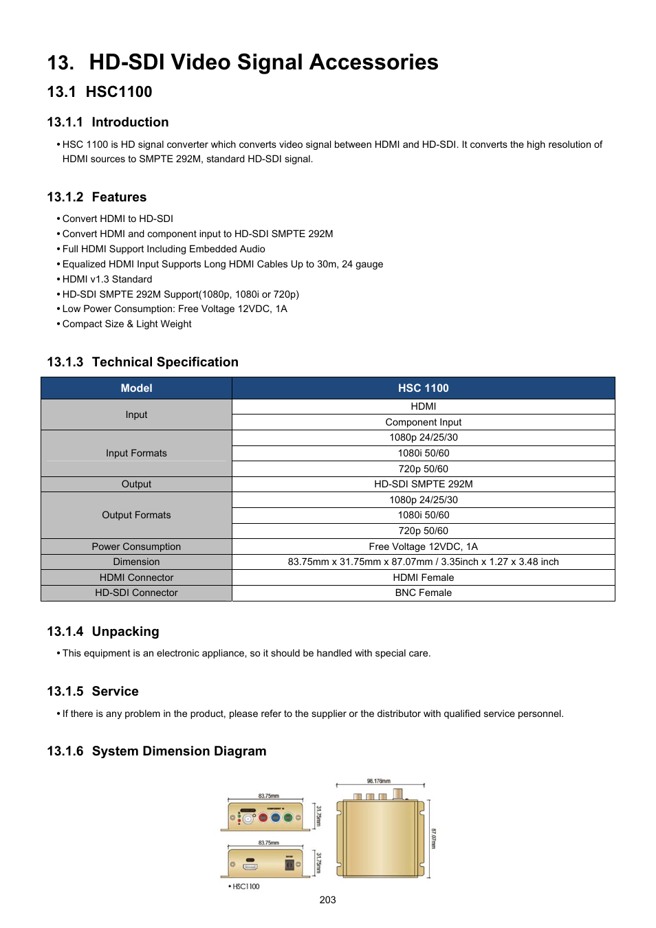 Hd-sdi video signal accessories, 1 introduction, 2 features | 3 technical specification, 4 unpacking, 5 service, 6 system dimension diagram | KT&C KVR-0412H User Manual | Page 203 / 219