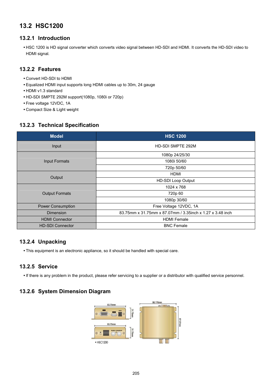 1 introduction, 2 features, 3 technical specification | 4 unpacking, 5 service, 6 system dimension diagram | KT&C KVR-0412H User Manual | Page 205 / 219