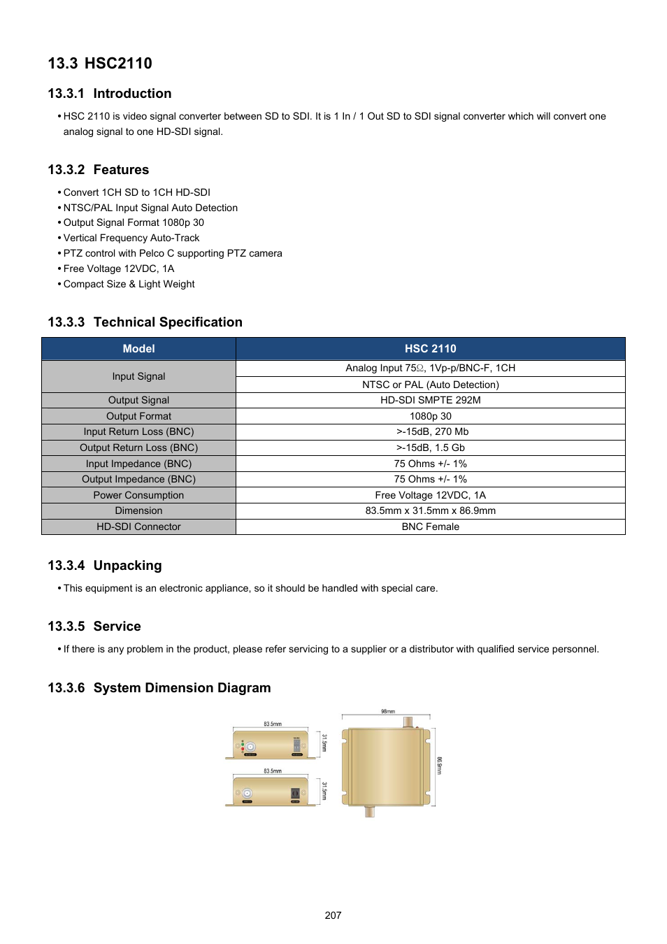 Hsc2110, 1 introduction, 2 features | 3 technical specification, 4 unpacking, 5 service, 6 system dimension diagram | KT&C KVR-0412H User Manual | Page 207 / 219
