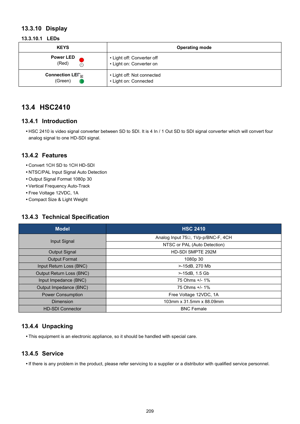 Hsc2410, 10 display, 1 introduction | 2 features, 3 technical specification, 4 unpacking, 5 service | KT&C KVR-0412H User Manual | Page 209 / 219