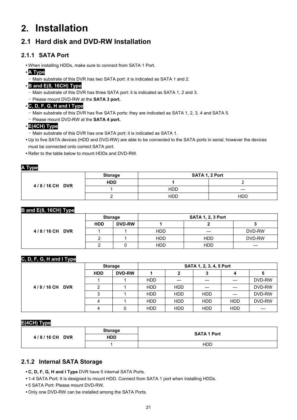Installation, 1 hard disk and dvd-rw installation, 1 sata port | 2 internal sata storage | KT&C KVR-0412H User Manual | Page 21 / 219