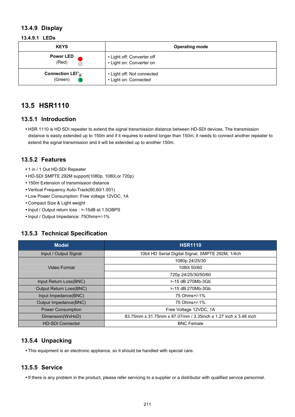 Hsr1110, 9 display, 1 introduction | 2 features, 3 technical specification, 4 unpacking, 5 service | KT&C KVR-0412H User Manual | Page 211 / 219