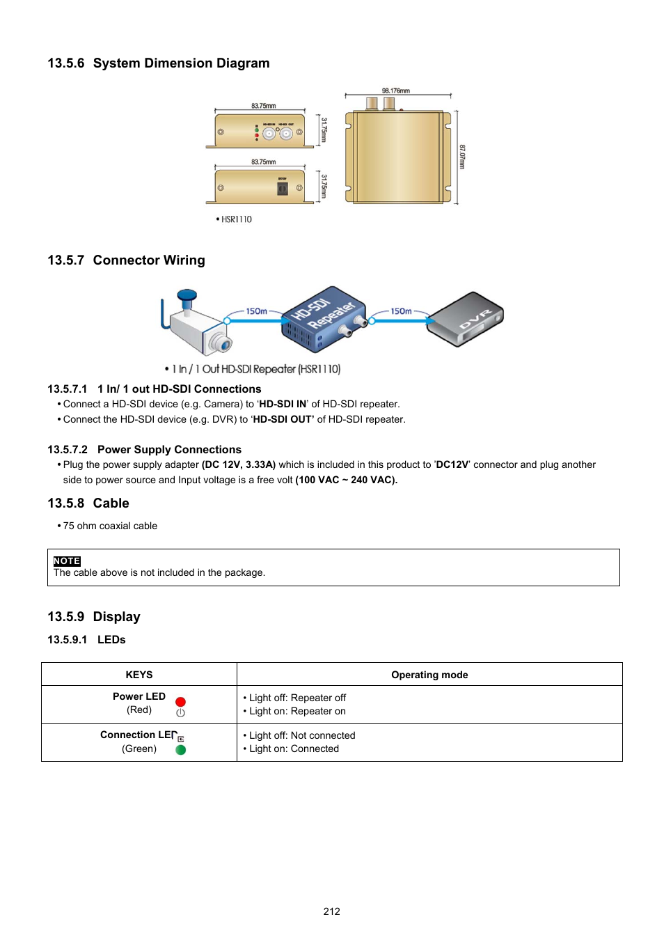 6 system dimension diagram, 7 connector wiring, 8 cable | 9 display | KT&C KVR-0412H User Manual | Page 212 / 219