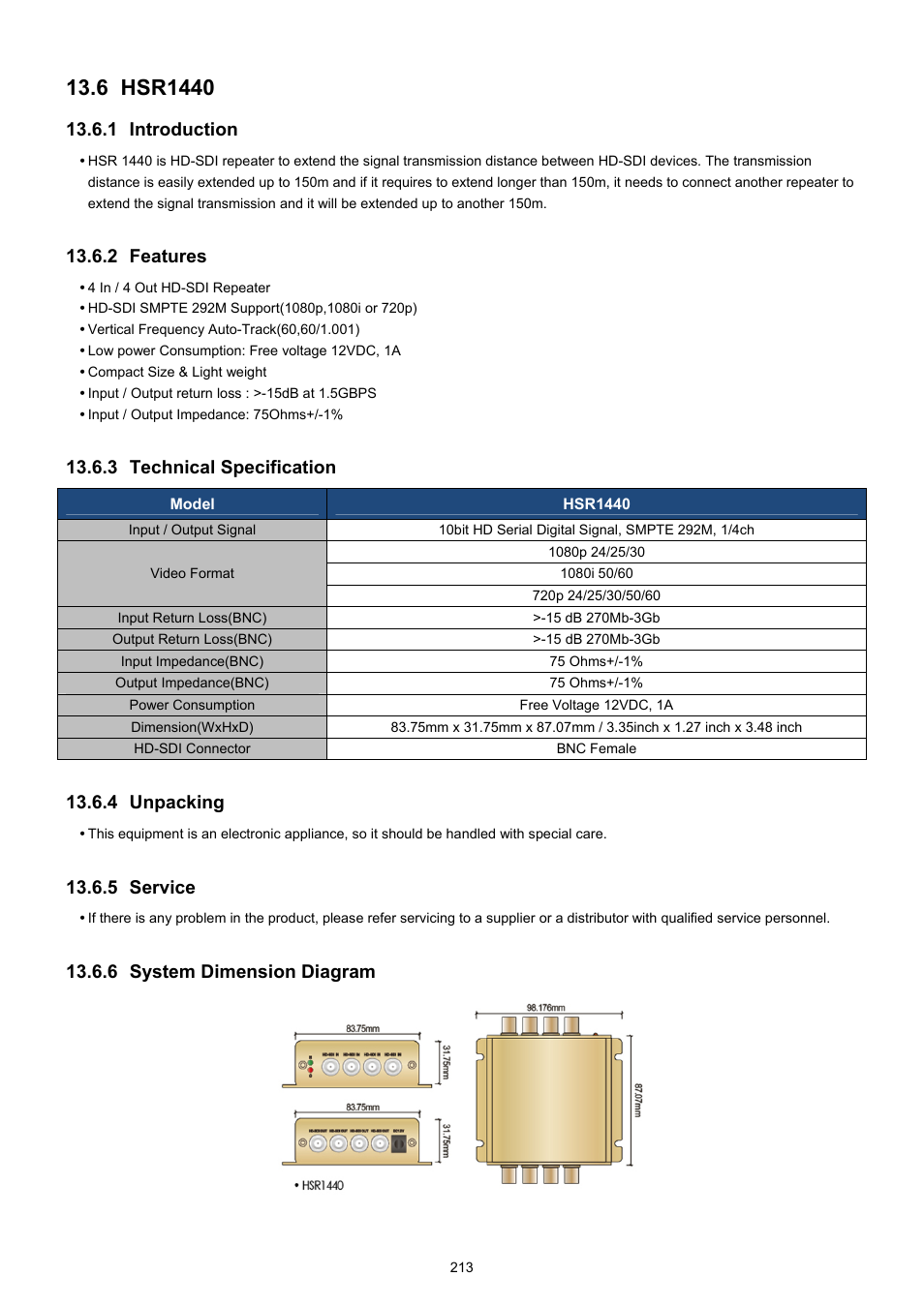 1 introduction, 2 features, 3 technical specification | 4 unpacking, 5 service, 6 system dimension diagram | KT&C KVR-0412H User Manual | Page 213 / 219