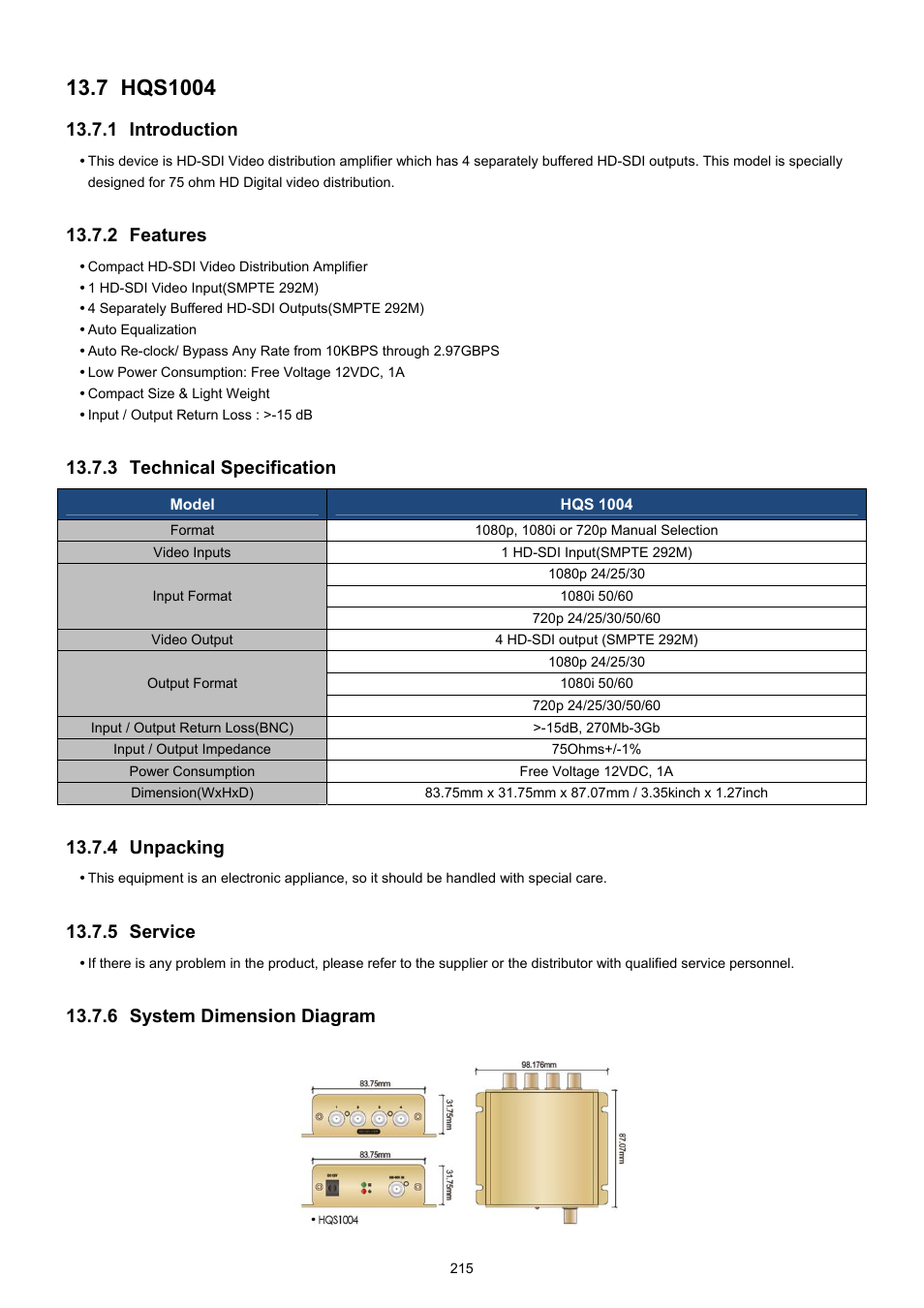 1 introduction, 2 features, 3 technical specification | 4 unpacking, 5 service, 6 system dimension diagram | KT&C KVR-0412H User Manual | Page 215 / 219