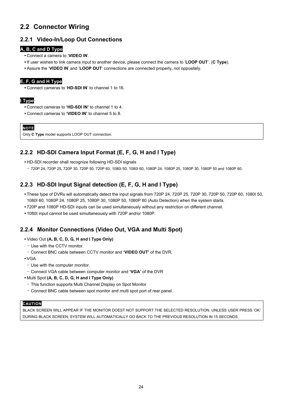 2 connector wiring, 1 video-in/loop out connections | KT&C KVR-0412H User Manual | Page 24 / 219