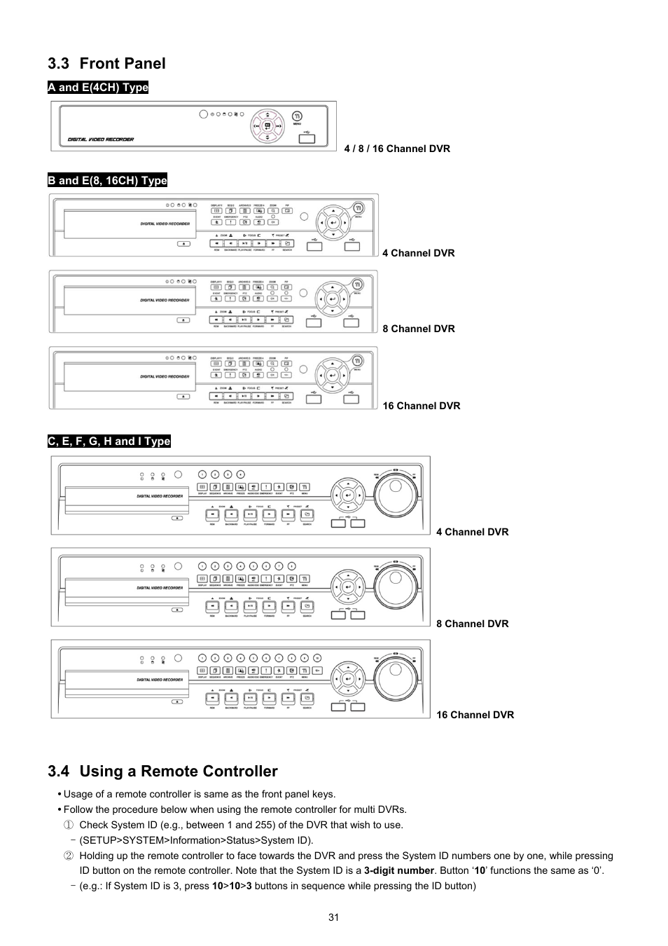 3 front panel, 4 using a remote controller | KT&C KVR-0412H User Manual | Page 31 / 219