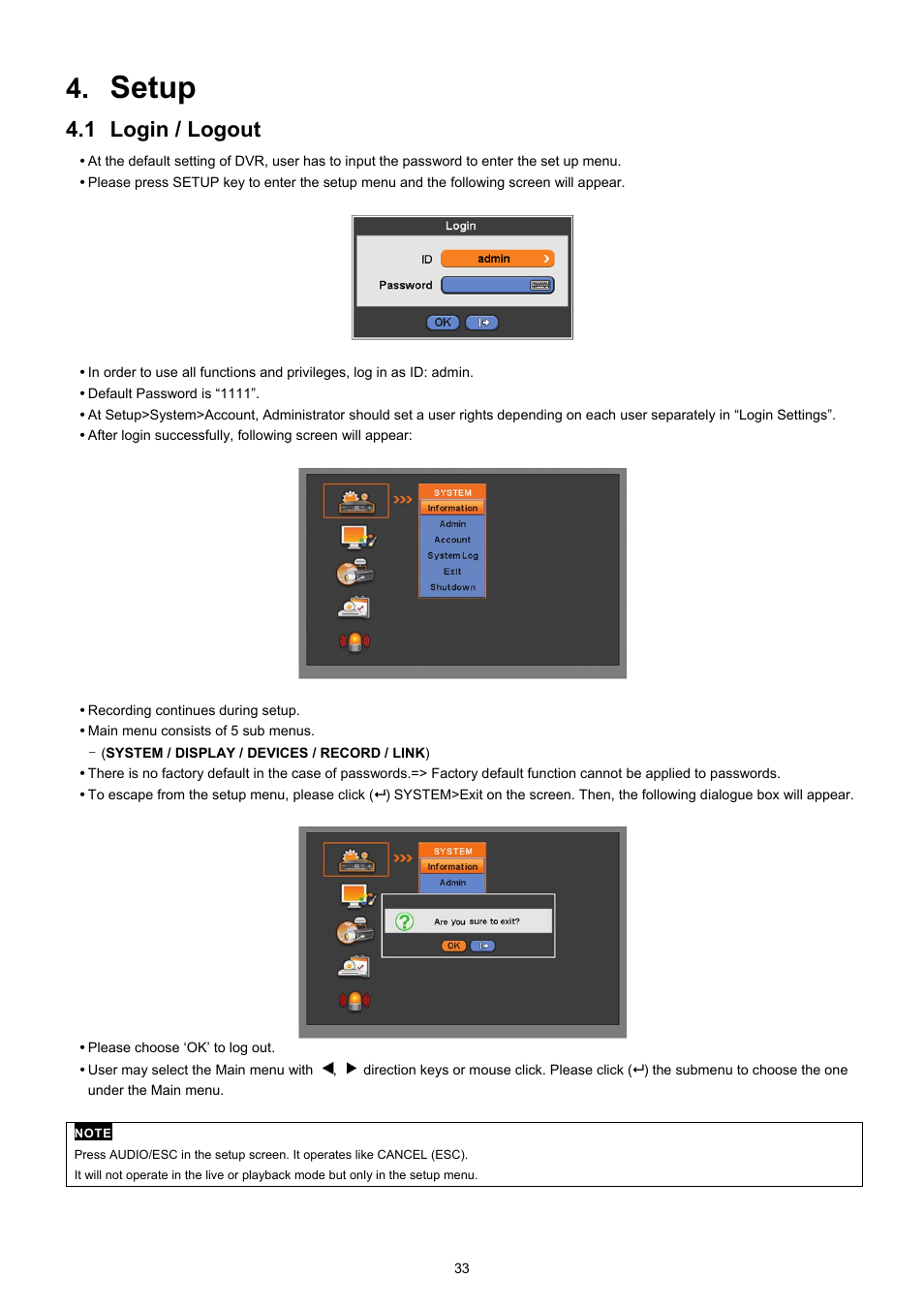 Setup, 1 login / logout | KT&C KVR-0412H User Manual | Page 33 / 219