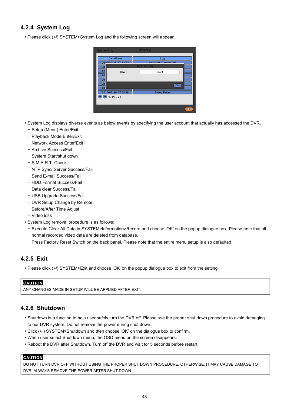 4 system log, 5 exit, 6 shutdown | KT&C KVR-0412H User Manual | Page 43 / 219
