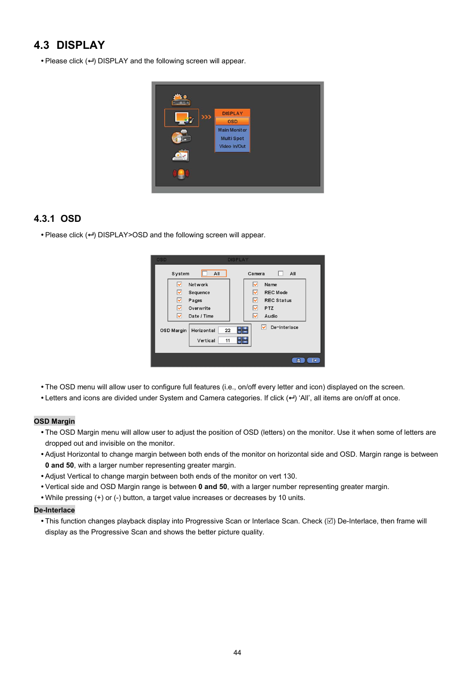 3 display, 1 osd | KT&C KVR-0412H User Manual | Page 44 / 219