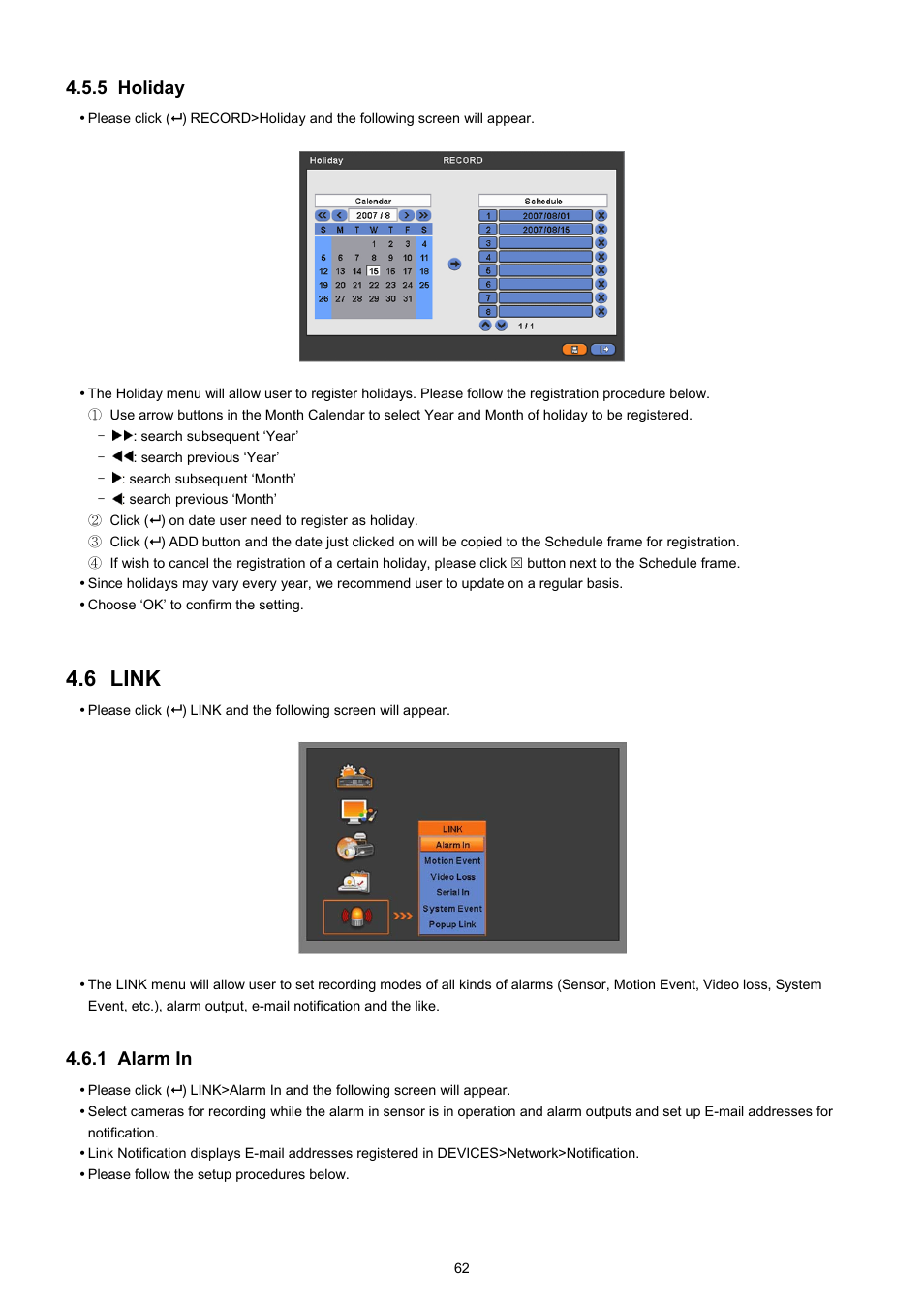 6 link, 5 holiday, 1 alarm in | KT&C KVR-0412H User Manual | Page 62 / 219