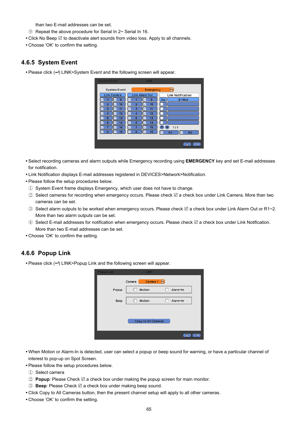 5 system event, 6 popup link | KT&C KVR-0412H User Manual | Page 65 / 219