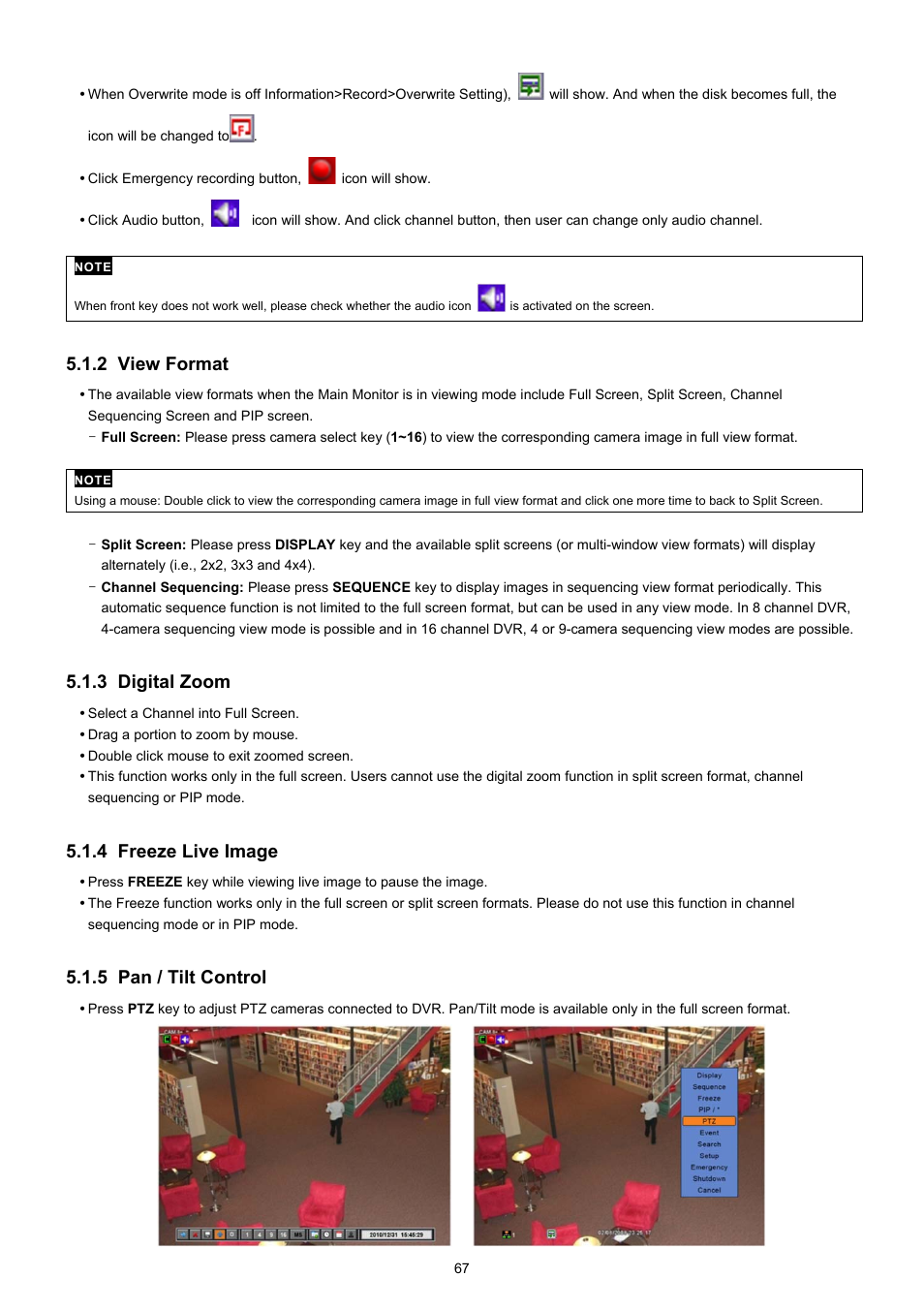 2 view format, 3 digital zoom, 4 freeze live image | 5 pan / tilt control | KT&C KVR-0412H User Manual | Page 67 / 219