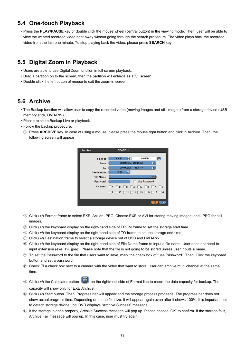 4 one-touch playback, 5 digital zoom in playback, 6 archive | KT&C KVR-0412H User Manual | Page 73 / 219