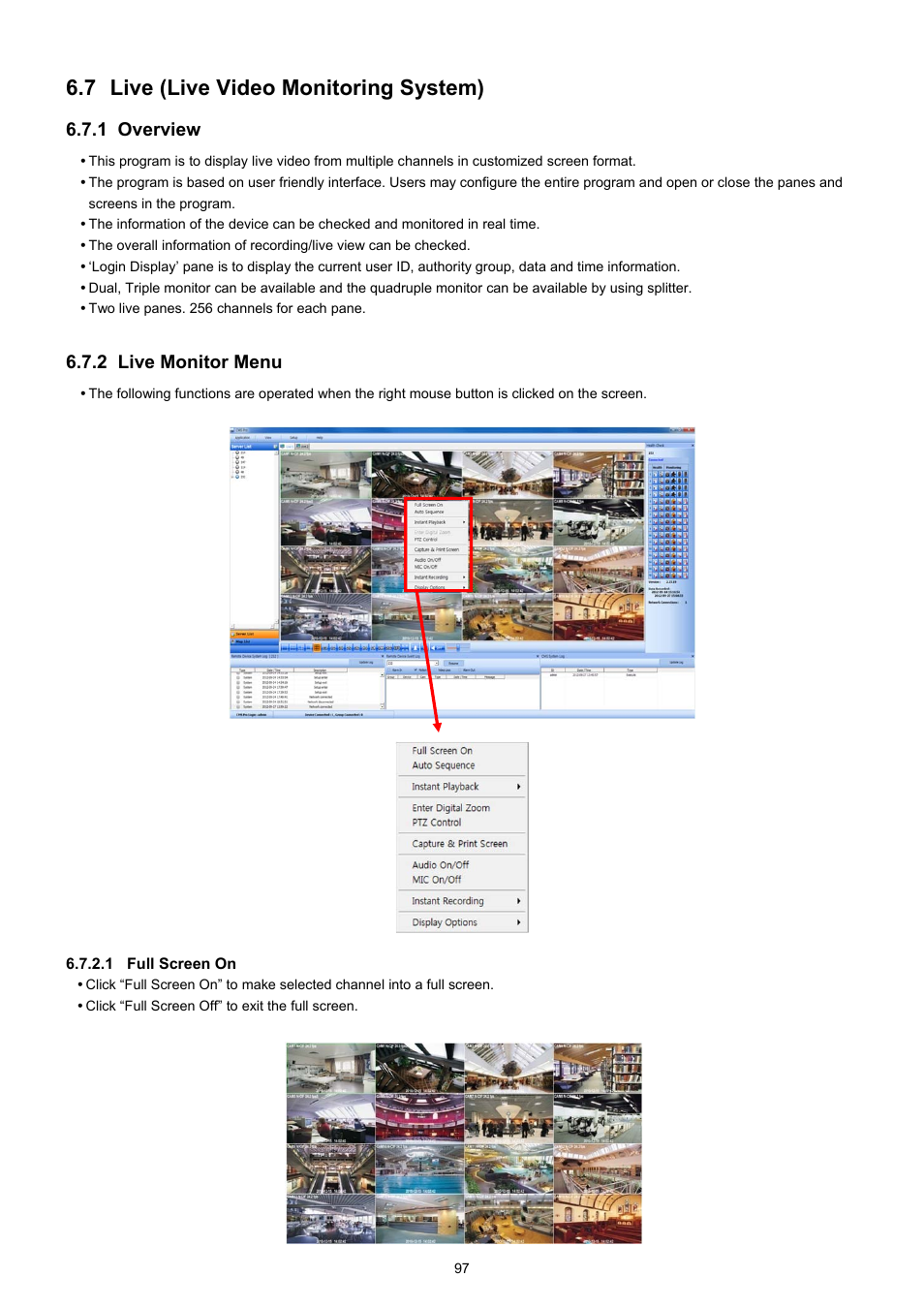 7 live (live video monitoring system), 1 overview, 2 live monitor menu | KT&C KVR-0412H User Manual | Page 97 / 219