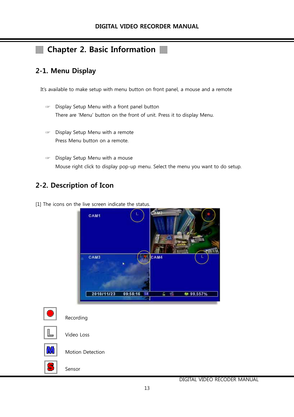 Chapter 2. basic information, 1. menu display, 2. description of icon | KT&C K9-s Series User Manual | Page 13 / 73