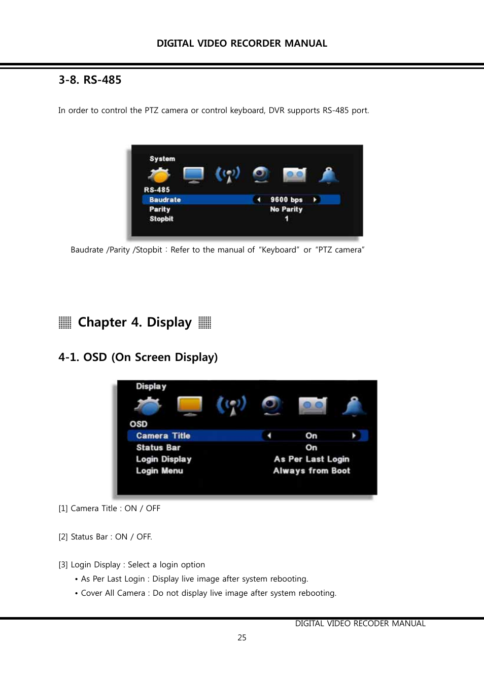 Chapter 4. display, 8. rs-485, 1. osd (on screen display) | KT&C K9-s Series User Manual | Page 25 / 73