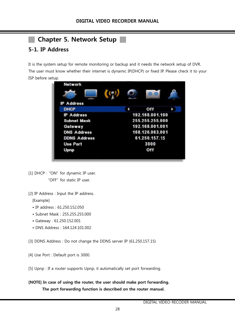 Chapter 5. network setup, 1. ip address | KT&C K9-s Series User Manual | Page 28 / 73