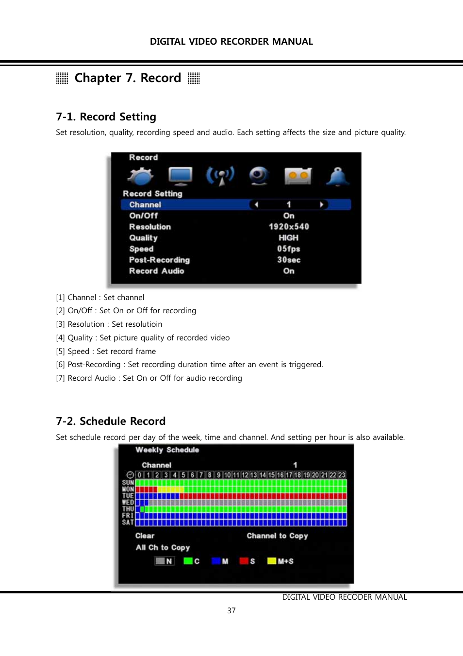 Chapter 7. record, 1. record setting, 2. schedule record | KT&C K9-s Series User Manual | Page 37 / 73