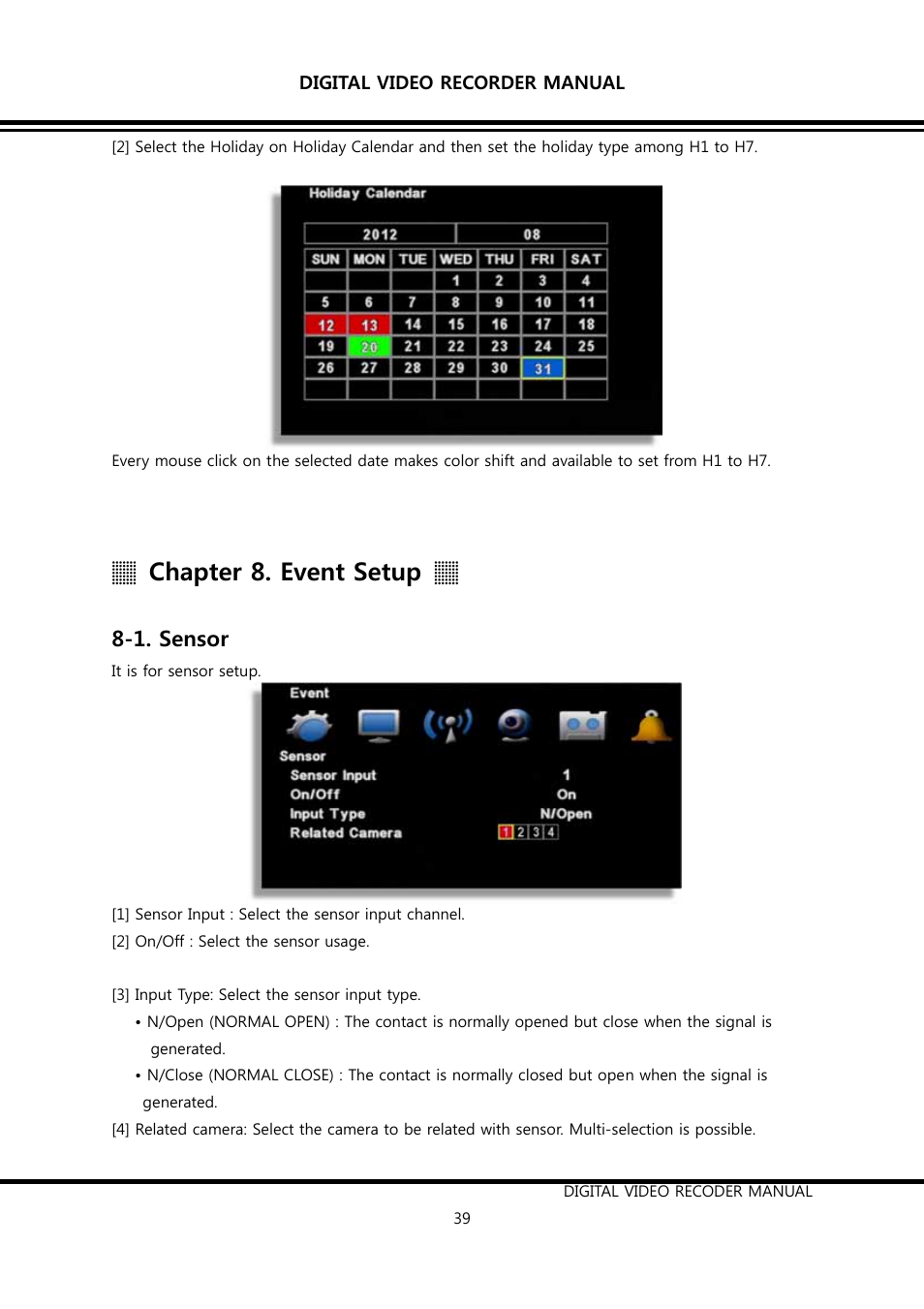 Chapter 8. event setup, 1. sensor | KT&C K9-s Series User Manual | Page 39 / 73