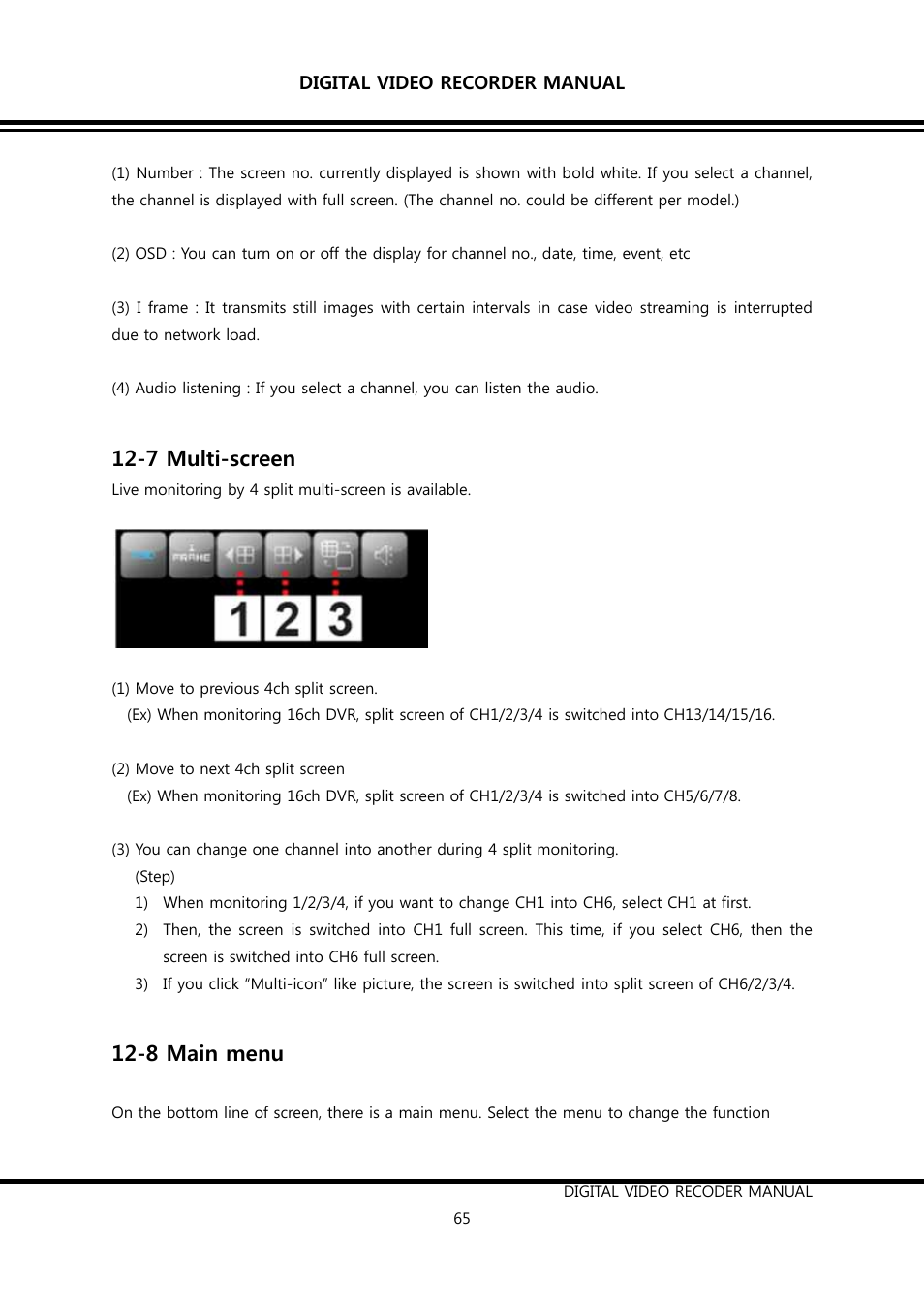 7 multi-screen, 8 main menu | KT&C K9-s Series User Manual | Page 65 / 73