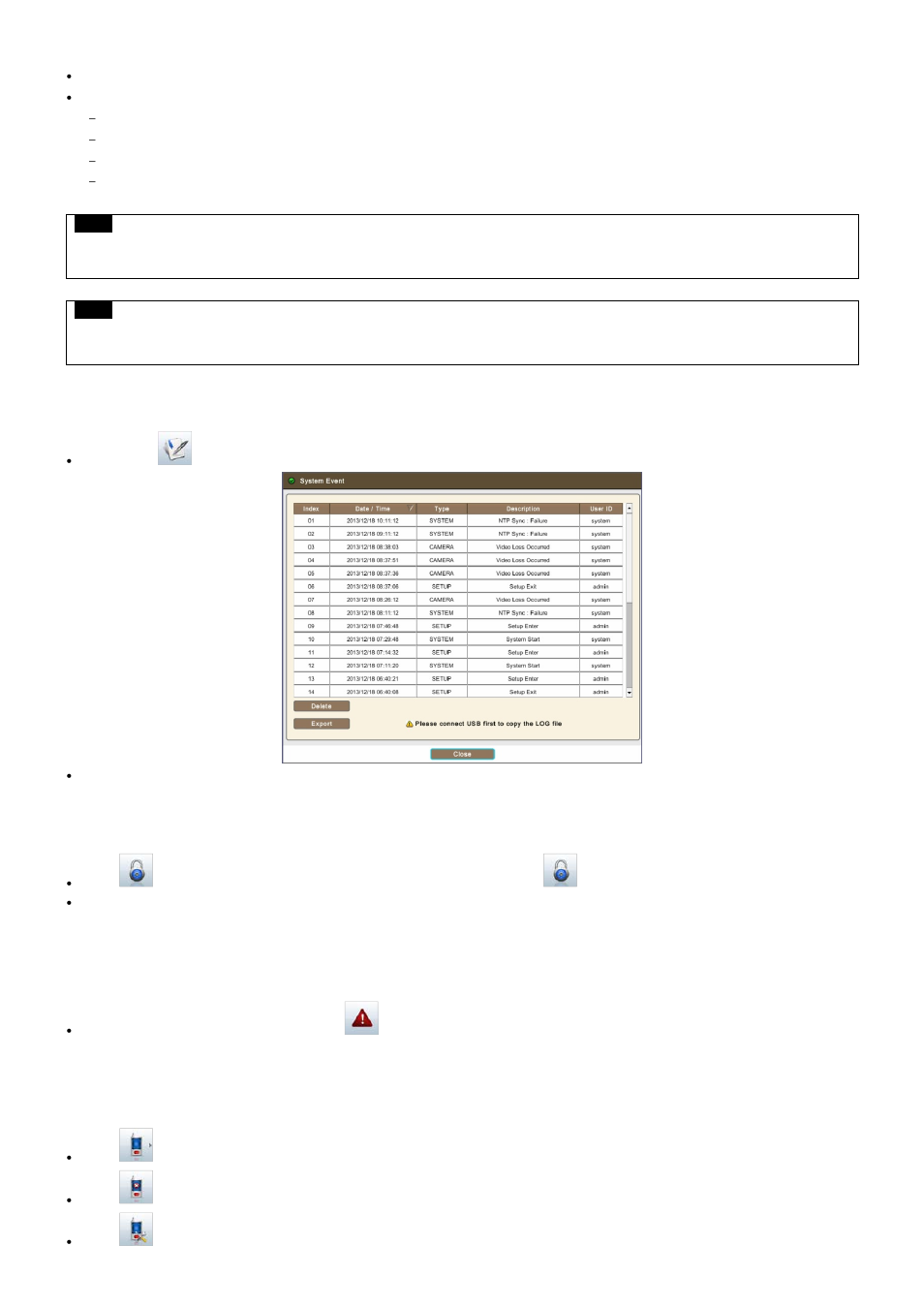 6 system log, 7 key lock, 8 emergency recording | 9 alarm out control and acknowledge | KT&C KVR-1601S User Manual | Page 68 / 192