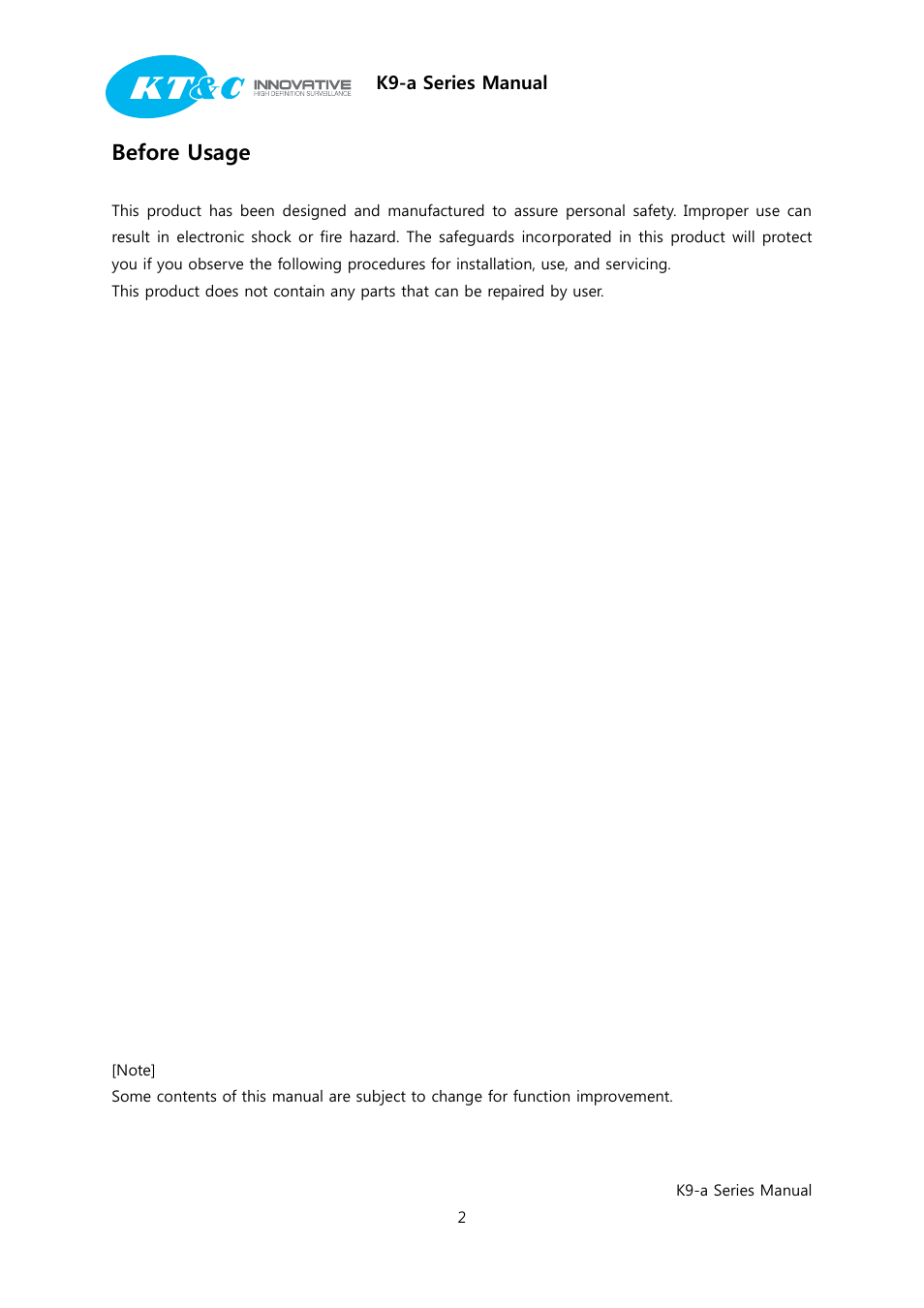 Before usage | KT&C K9-a Series User Manual | Page 2 / 80