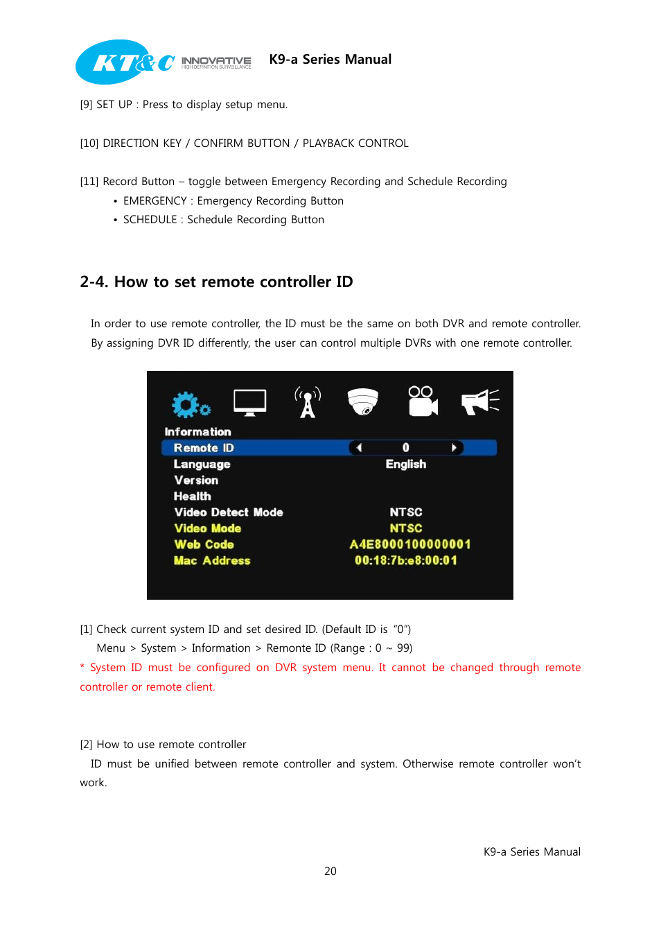 4. how to set remote controller id | KT&C K9-a Series User Manual | Page 20 / 80