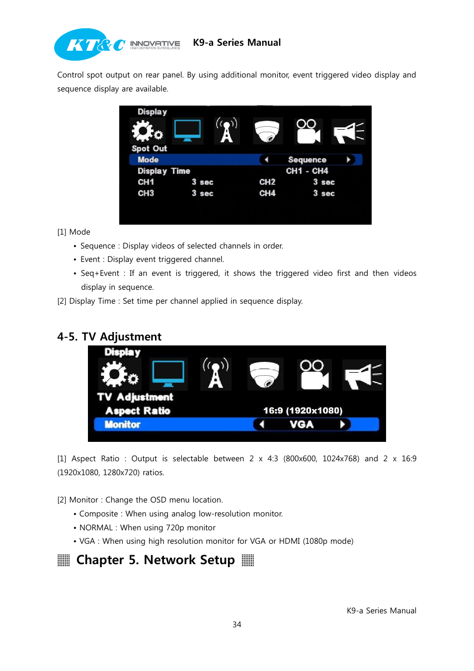 Chapter 5. network setup, 5. tv adjustment | KT&C K9-a Series User Manual | Page 34 / 80